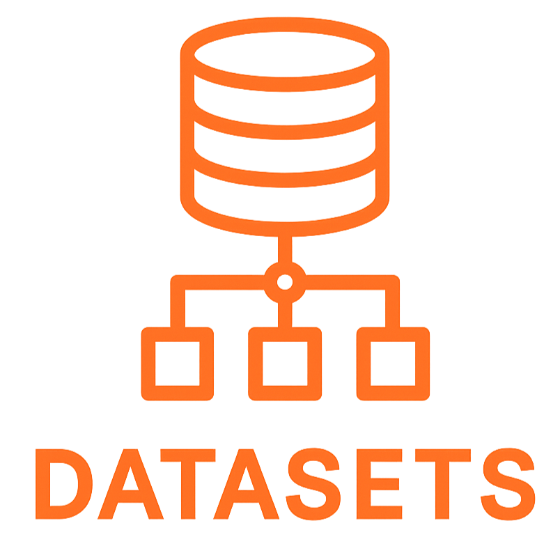 Icon of a database connected to multiple squares, with the word "Datasets" below, all in orange.
