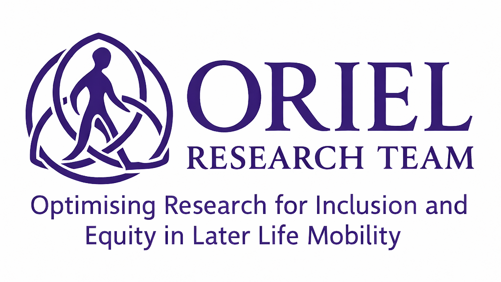 Oriel Research Team logo with a stylized figure walking, wrapped in a ribbon design, and the text 'Oriel Research Team' with the tagline 'Optimising Research for Inclusion and Equity in Later Life Mobility'.