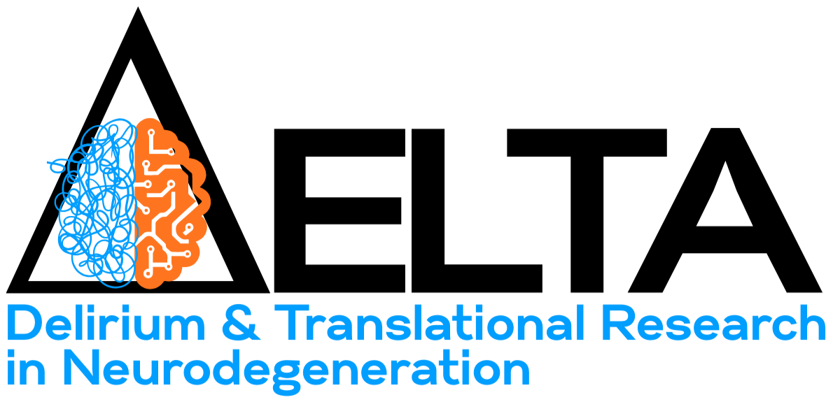 Logo with a stylized brain divided into two halves, one with chaotic lines and the other with circuit-like lines, and the text 'Delirium & Translational Research in Neurodegeneration' written below.