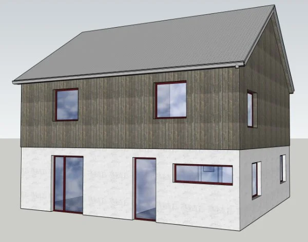 A simple rectangular house, with a metal-clad dual-pitch roof. The top half of the house is timber clad, the bottom half is plastered. Windows have red frames.