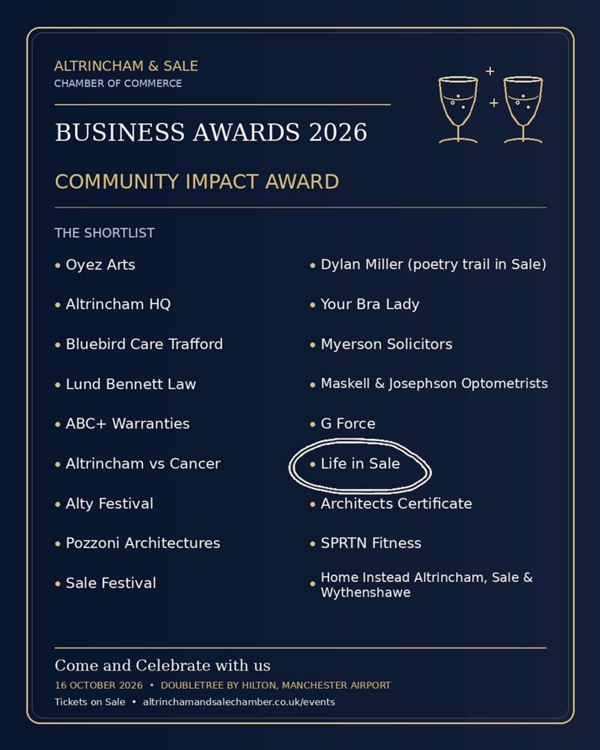 A HUGE thank you to those who nominated Life in Sale in the @altrinchamsalechamber business awards 2026 - we&rsquo;ve been shortlisted for three of the awards this year!

I really appreciate the support 😊

Good luck to all the nominees this Friday (