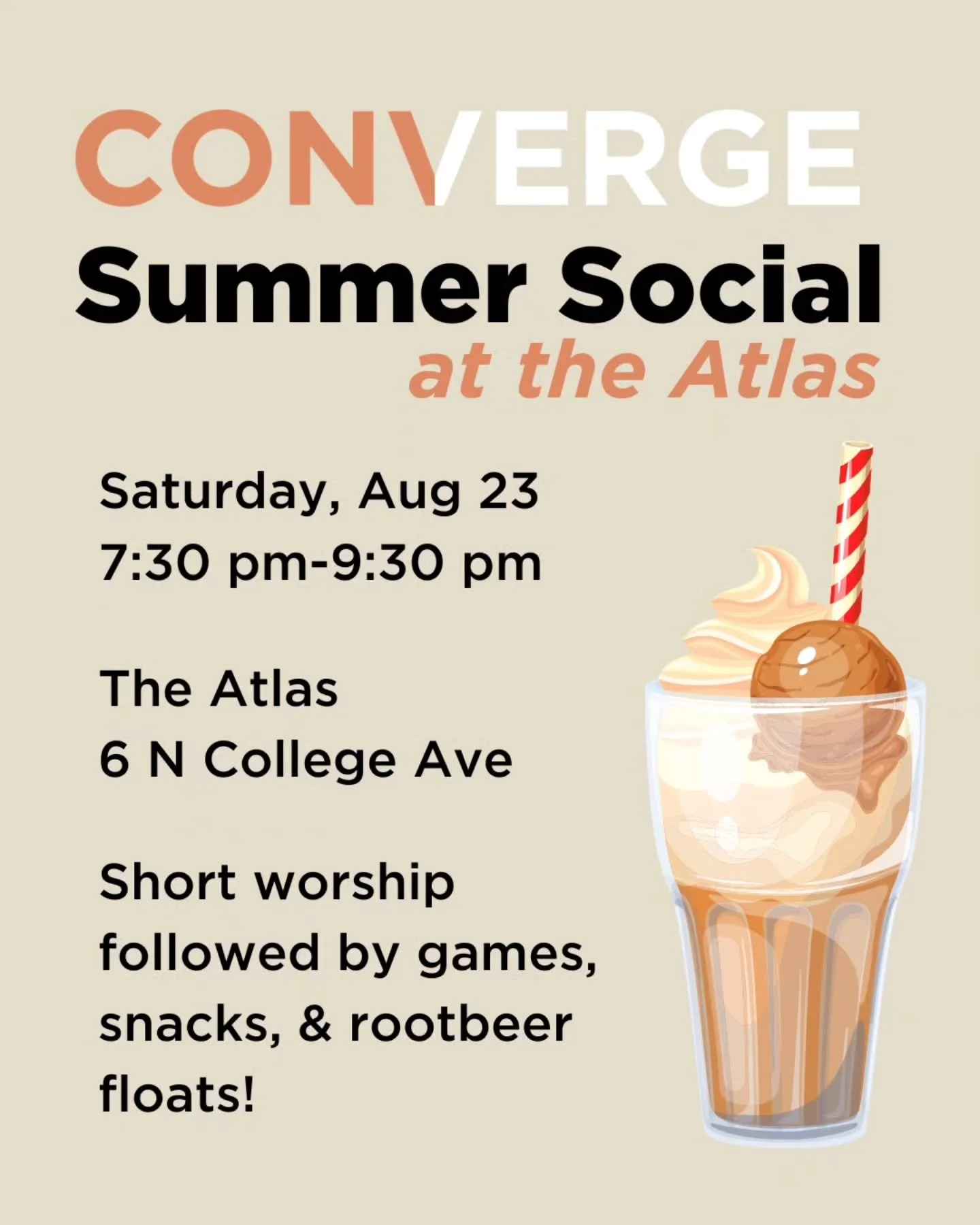 Come hang out with us at the Atlas from 7:30-9:30pm. From 7:30 -7:50 we'll have a short worship and then have rootbeer floats, snacks and games for the rest of the evening. Hope to see you there!

#youngadults #community #convergewallawalla #rootbeer