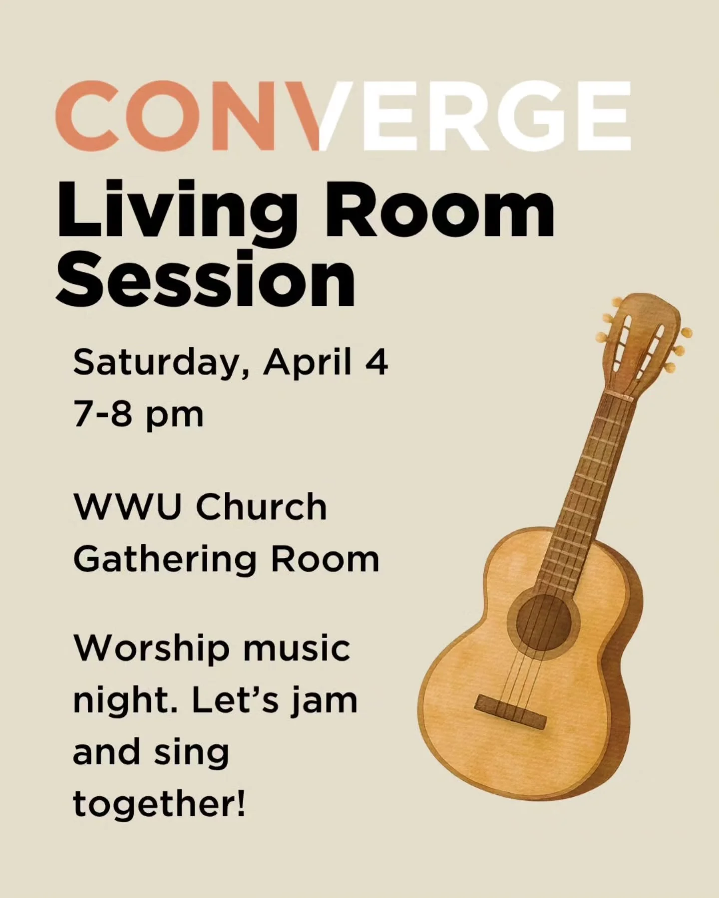 Come out for a night of worship music and fellowship in the Gathering Room of the church Saturday night, April 4 at 7pm.

The gathering room is two doors left of the Junior High Room on the right side of the church.

Feel free to bring your guitar, u