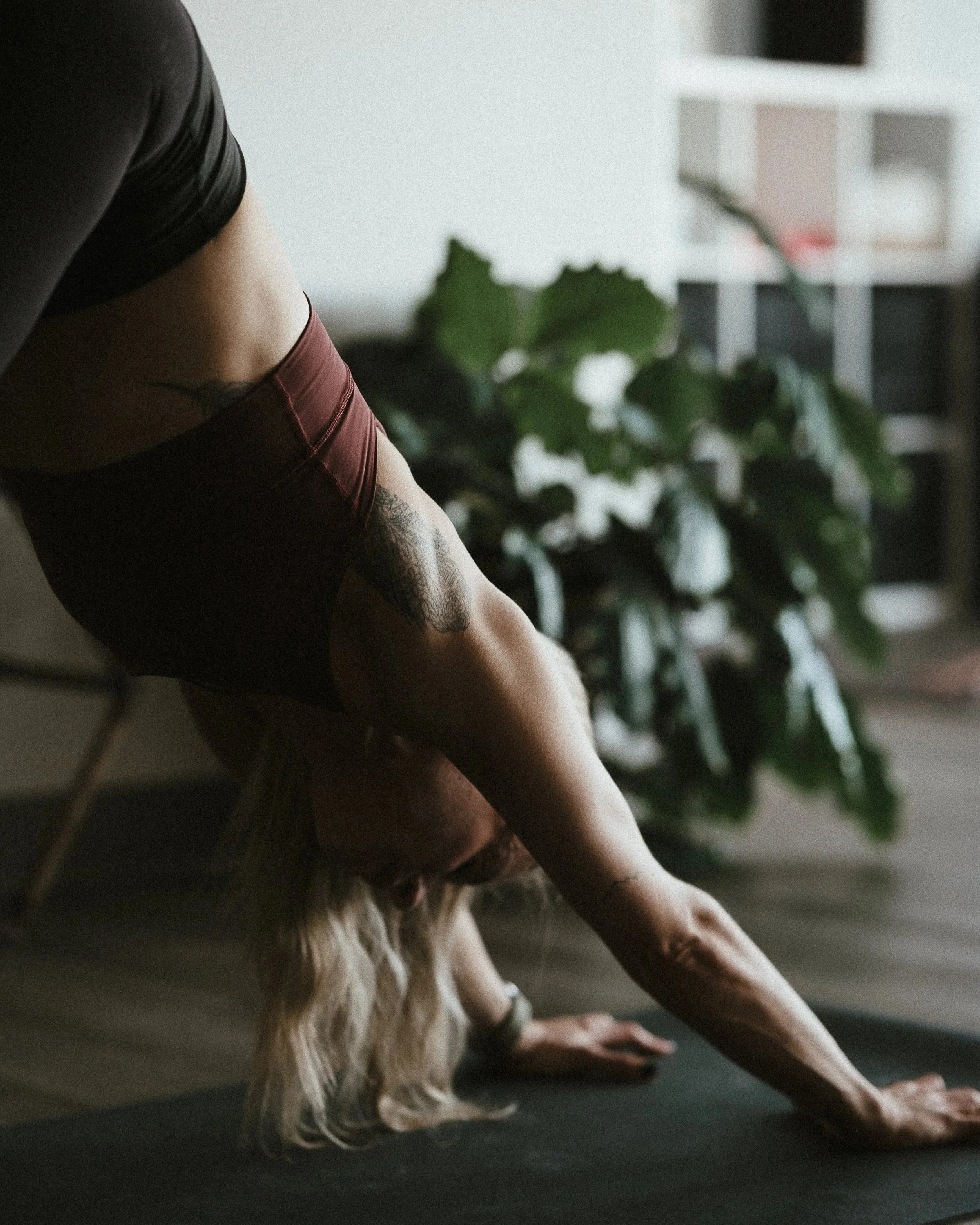 A person stretching or doing yoga on a black mat in a room with a plant and a shelf in the background.