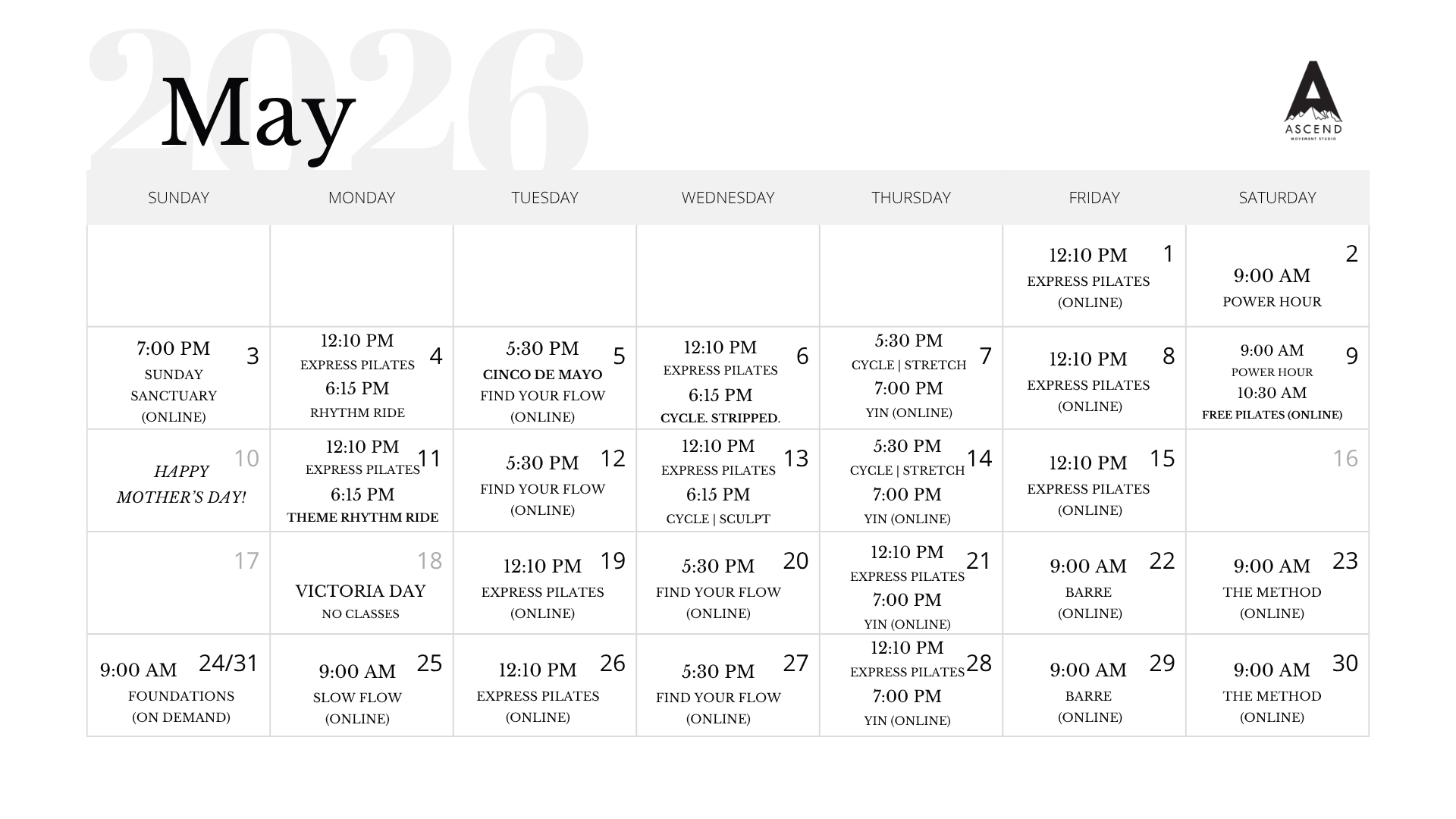 Monthly calendar for May 2023 with scheduled classes and events, including online Pilates, yoga, and fitness classes, along with special days like Mother's Day, Victoria Day, and Cinco de Mayo.
