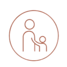 Line drawing of a person with a smaller figure, possibly a child, inside a circle.