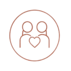 Line art of two people with a heart between them inside a circle.