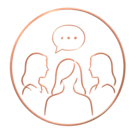 Icon of three people with a speech bubble above them, representing communication or conversation.