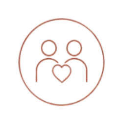 Line drawing of two people with a heart between them, enclosed in a circle.