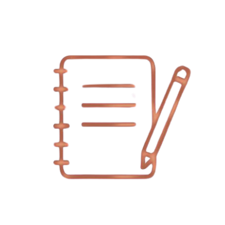 Icon of a notebook with a pen resting on it.
