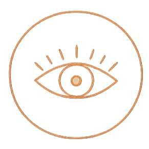 A minimalist line drawing of an eye surrounded by a circle and radiating lines, representing vision or awareness.