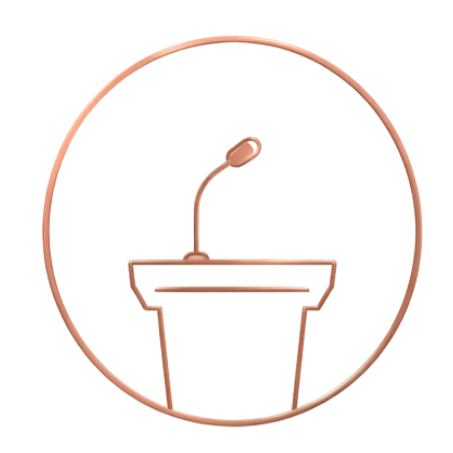 A graphic illustration of a person speaking at a podium during a presentation or speech.