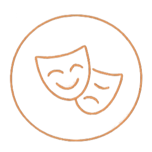Icon of two theater masks, one happy and one sad, enclosed in a circle.