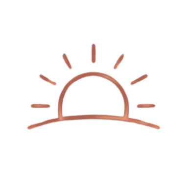 Simple illustration of a sunrise with the sun partially above the horizon and rays extending outward.