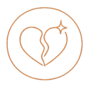 A line art drawing of a broken heart with a sparkle, enclosed in a circle.
