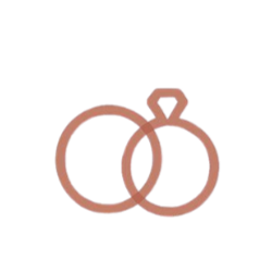 Outline of two intertwined rings with a small diamond or gemstone on top of one ring, representing wedding or engagement rings.