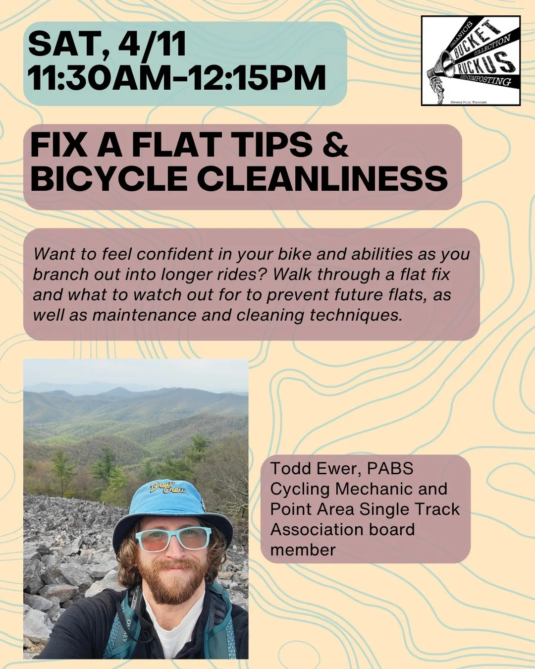 FIX A FLAT TIPS &amp; BICYCLE CLEANLINESS
Saturday, 4/11/26, 11:30AM-12:15PM
1626 W Pearl Street in Stevens Point, WI

Want to feel confident in your bike and abilities as you branch out into longer rides? Walk through a flat fix and what to watch ou