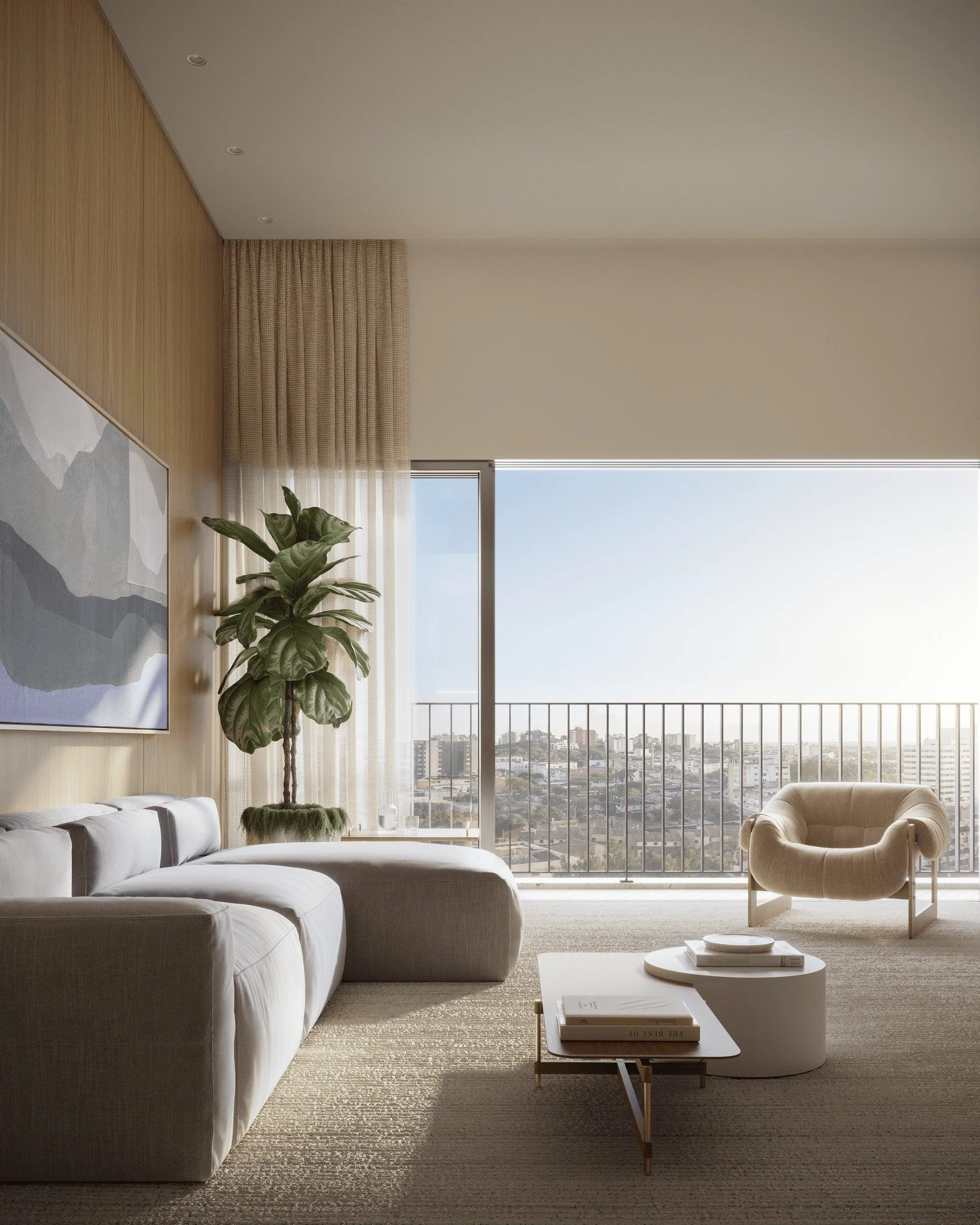 Com esquadrias do ch&atilde;o ao teto, a ilumina&ccedil;&atilde;o e a ventila&ccedil;&atilde;o naturais entram no living e trazem conforto. Tecidos claros em texturas mais naturais conferem aconchego &agrave; sala, bem como a presen&ccedil;a do verde