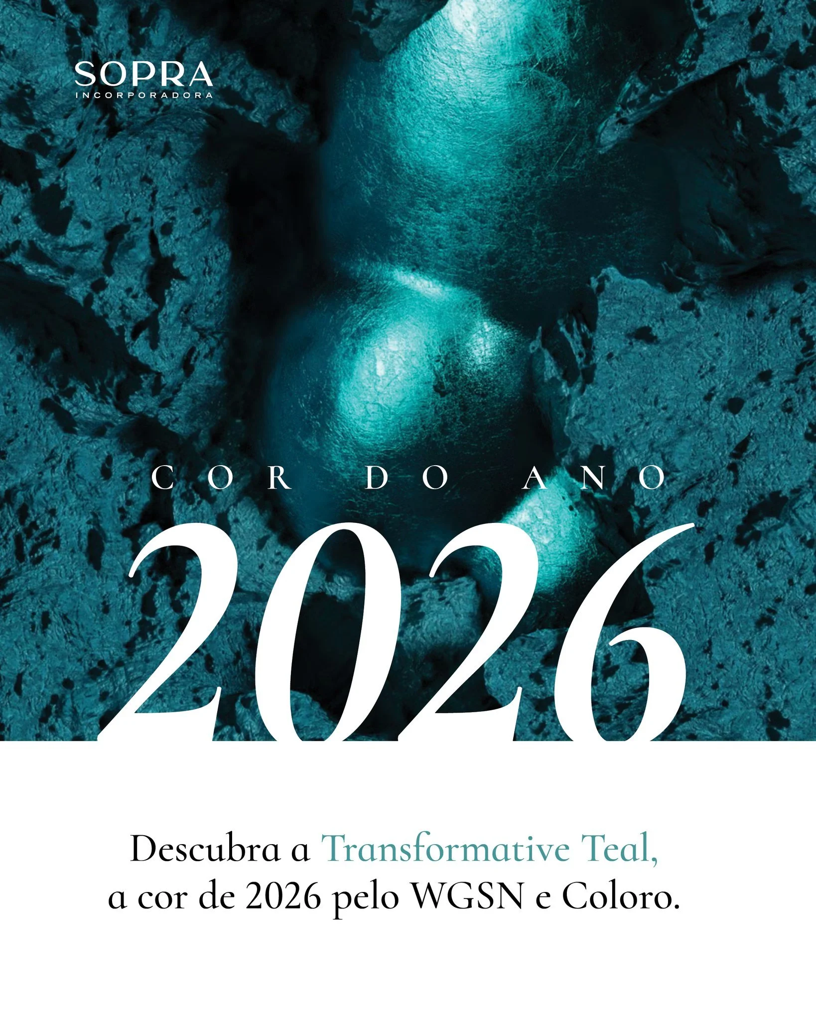 O Transformative Teal &eacute; uma fus&atilde;o fluida de azul e verde &aacute;gua, que representa a diversidade da natureza e tem como base a mentalidade que prioriza a Terra. Ele simboliza mudan&ccedil;a e redirecionamento e pode incentivar a resil