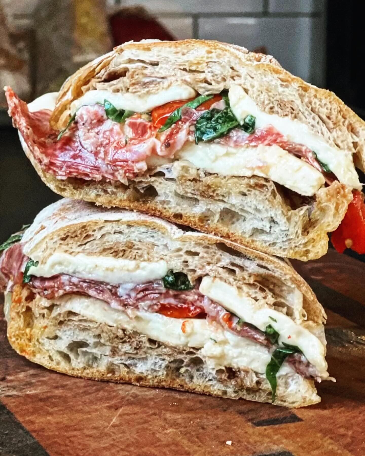 Ciao Bella is probs our most popular sandwich for good reason - we start with artisan ciabatta from @grandaisybakery add some extra virgin olive oil and @giusti1605 aged balsamic, then we melt fresh mozzarella and add house made tomato garlic confit.