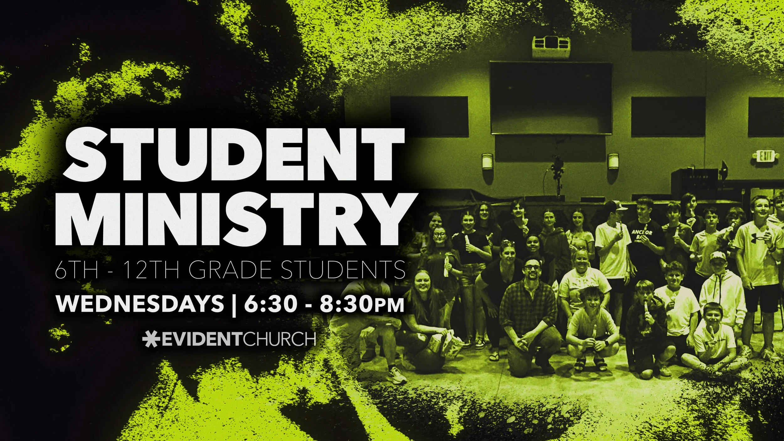 graphic for Wednesday night student ministries featuring a group photo of the teens and leaders and meeting details