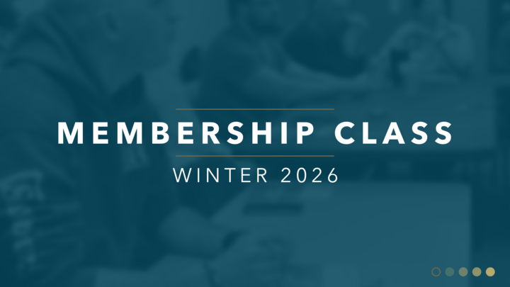 Slide titled 'Membership Class Fall 2025' with a blurred background of a person writing on a paper and a cup of coffee.