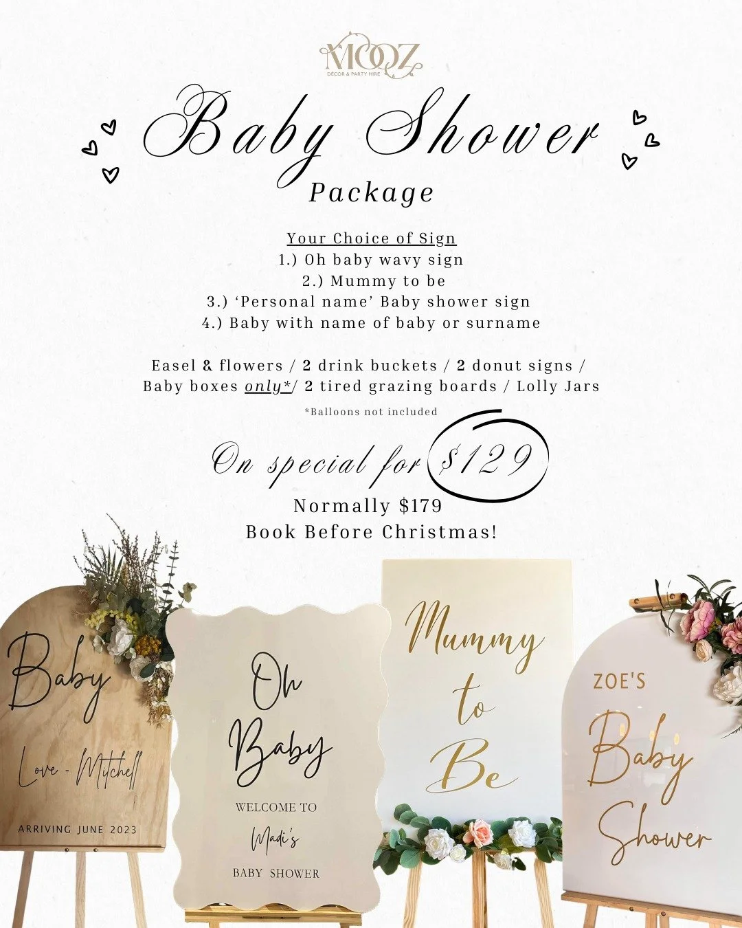 Dreaming of a gorgeous baby shower? ✨ We&rsquo;ve got you covered!

Our Baby Shower Package is designed to make your day beautiful, featuring your choice of a custom sign 
🤍Oh baby wavy sign
🤍Mummy to be
🤍&lsquo;Personal name&rsquo; Baby shower si