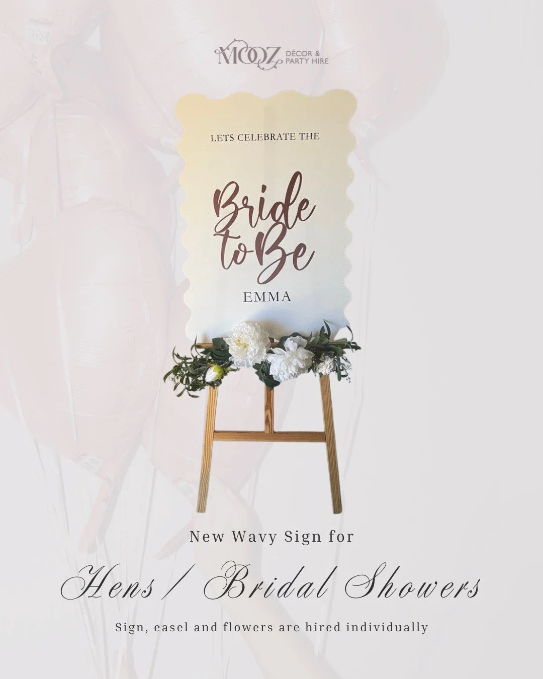 Let the celebrations begin! 🥂 Our Bride to Be sign is the perfect welcome for any Hens Party or Bridal Shower.

This dreamy, wavy design adds a modern touch to your decor. We love how beautiful it looks styled on the wooden easel with fresh florals!