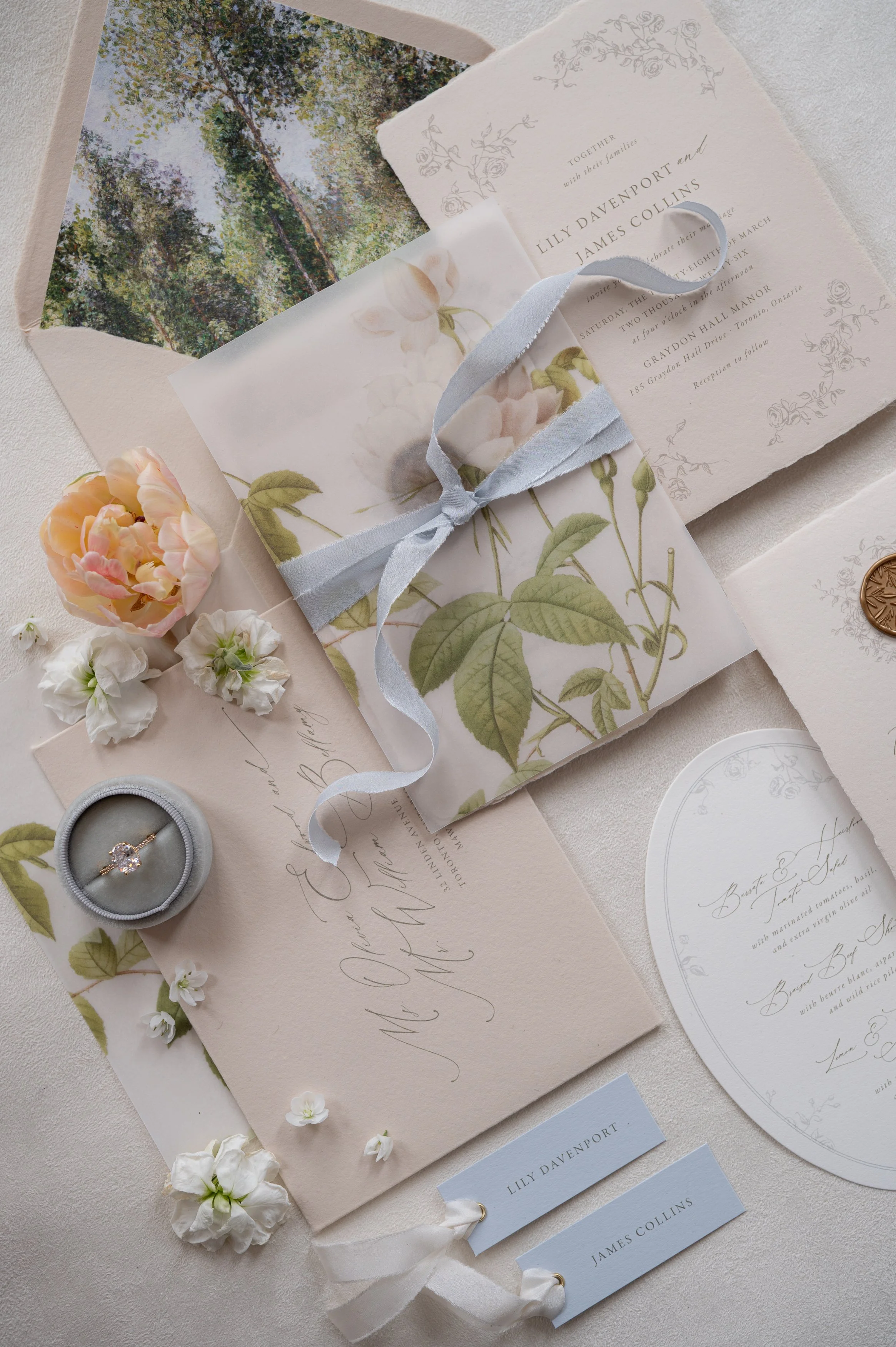 Wedding Invites with silk ribbon, handmade paper, vellum wrap. Floral, danty and  feminine.