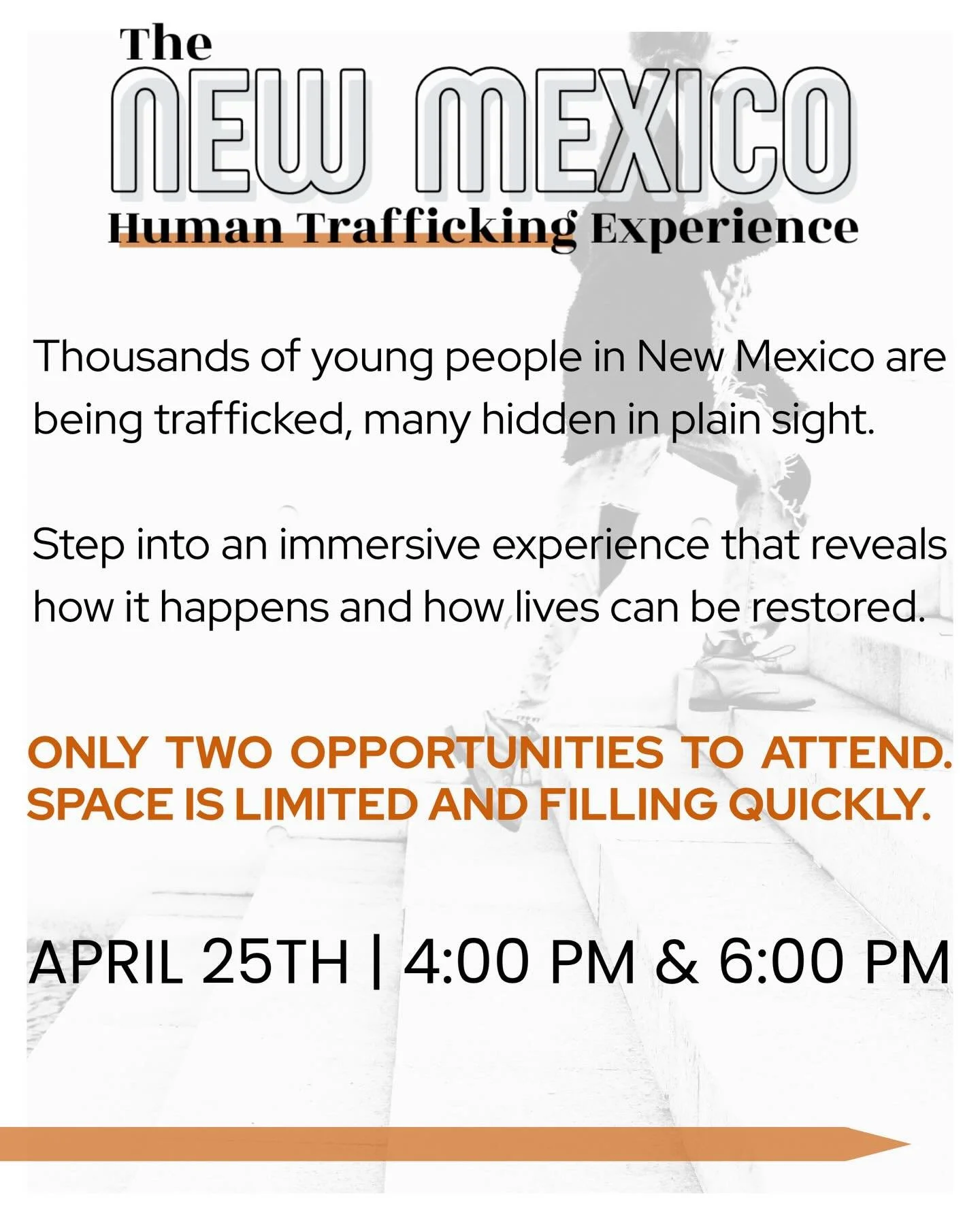 The NMDC Human Trafficking Experience is just 9 days away. Our 4pm session is nearly sold out, and space in the 6pm session is limited.

This immersive event offers a powerful look into the realities of human trafficking and the importance of communi