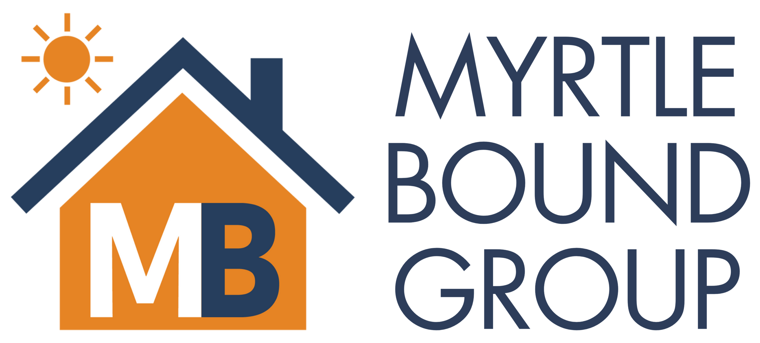 Logo with the words "Myrtle Beach" written in dark blue next to an orange square containing a white letter "M" and a dark blue letter "B". A stylized sun with rays is above the logo.