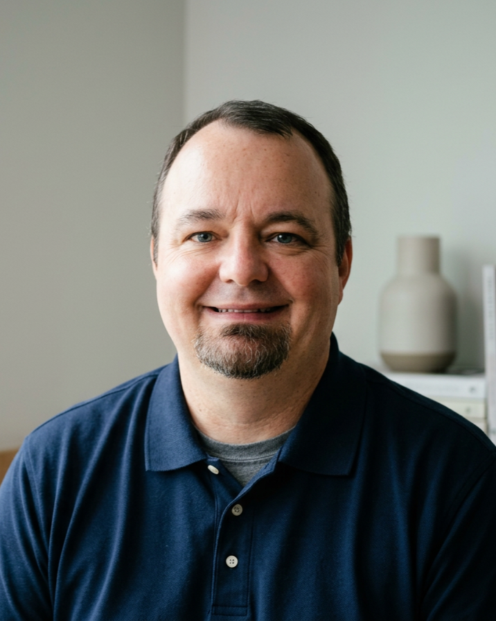 A middle-aged man with short dark hair, a goatee, and blue eyes, smiling while wearing a navy blue polo shirt, sitting indoors with a blurred background including a white vase and shelves.