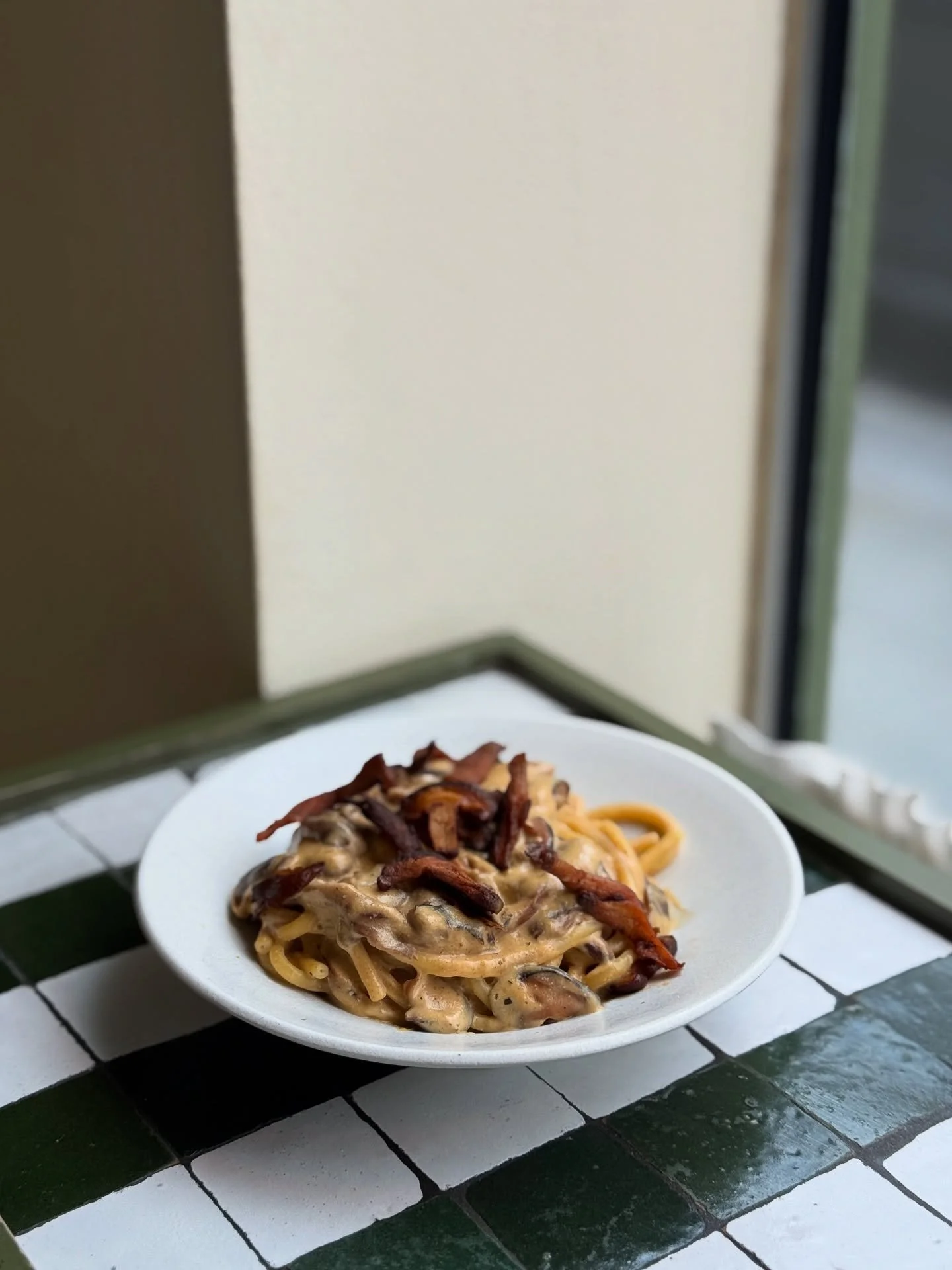 bucatini pasta, smoked mushrooms and macadamia cream - new to our dinner menu which is served every wednesday to sunday