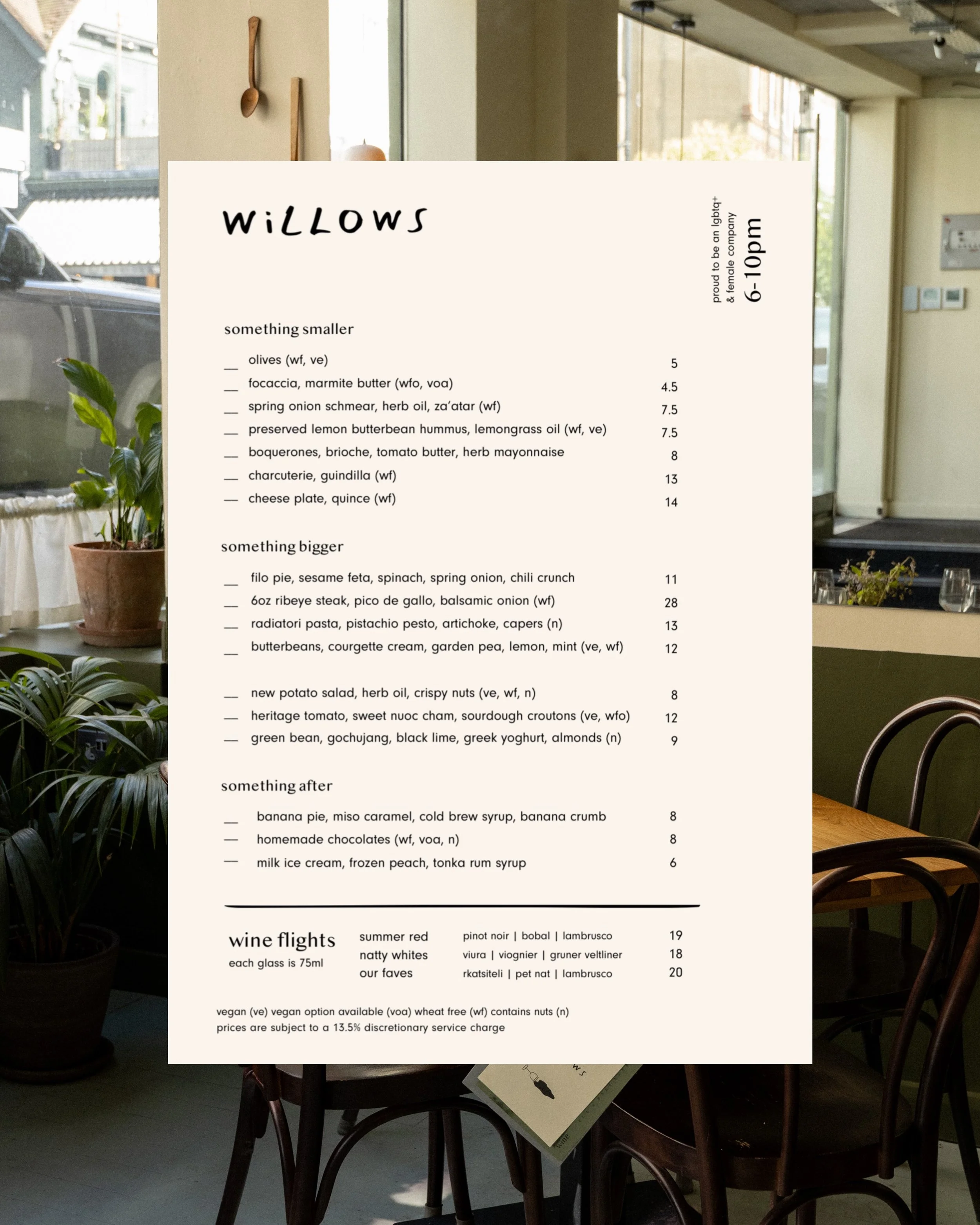 we&rsquo;ve slightly edited our evening menu and added some new smaller dishes so that you can eat as much or as little as you like.

come for some olives and a glass of chilled red - or try out something bigger for a full meal

our place, is your pl
