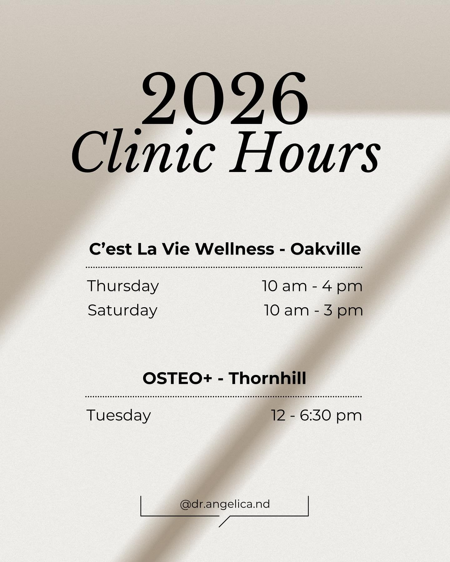✨ Updated Clinic Hours for 2026 ✨

I will be continuing to offer in person care both in Oakville and Thornhill, but with more availability. ☺️ I also welcome patients living across Ontario, as I offer virtual care through both clinics. 

Link in bio 