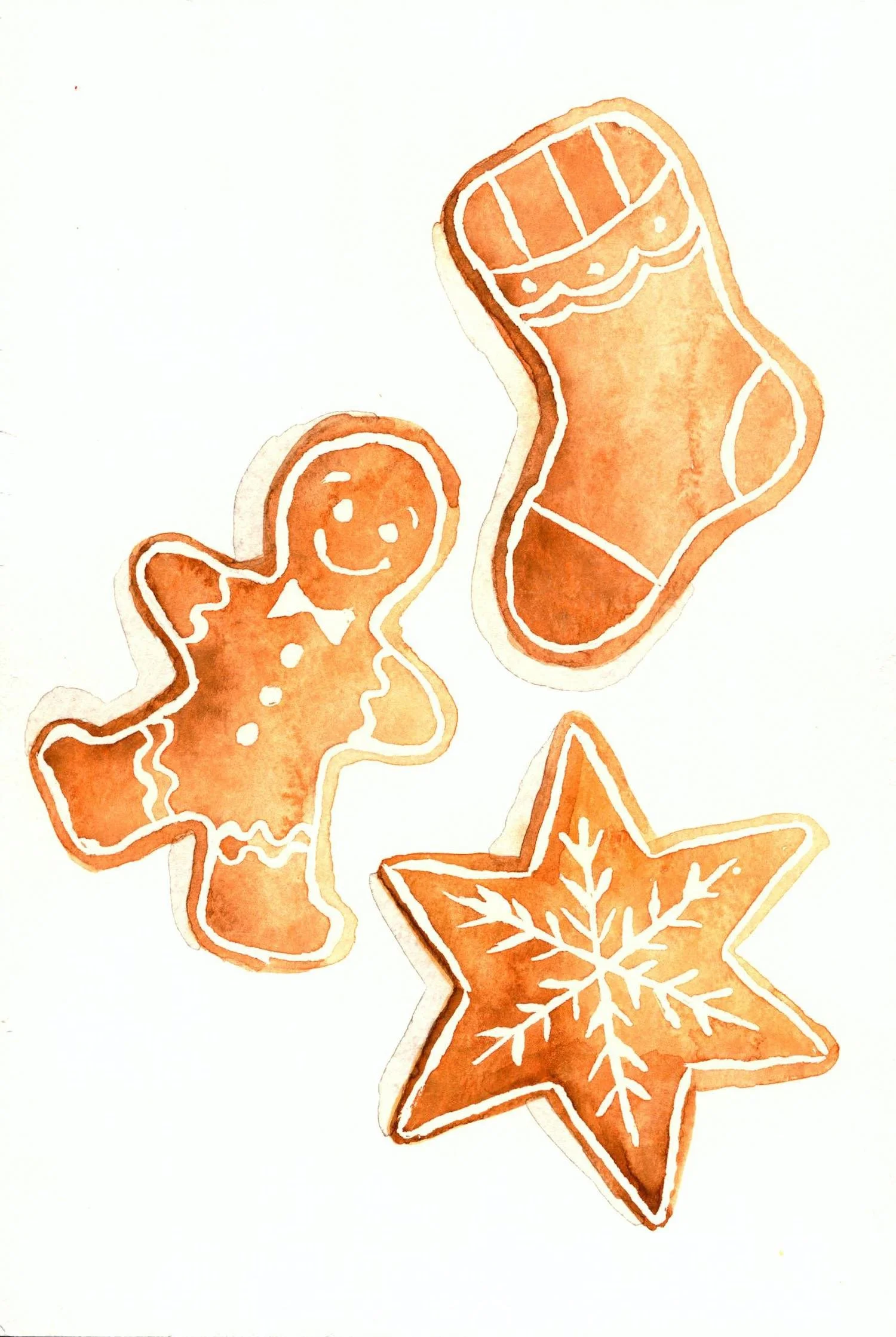 watercolorpainting of decorated gingerbread cookies, a holiday paint and sip class project