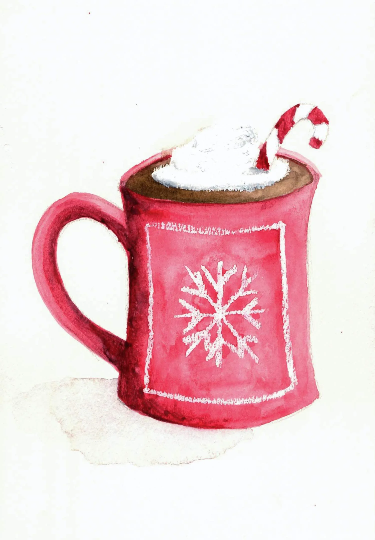 watercolor painting of a mug of hot cocoa, a holiday paint and sip class project