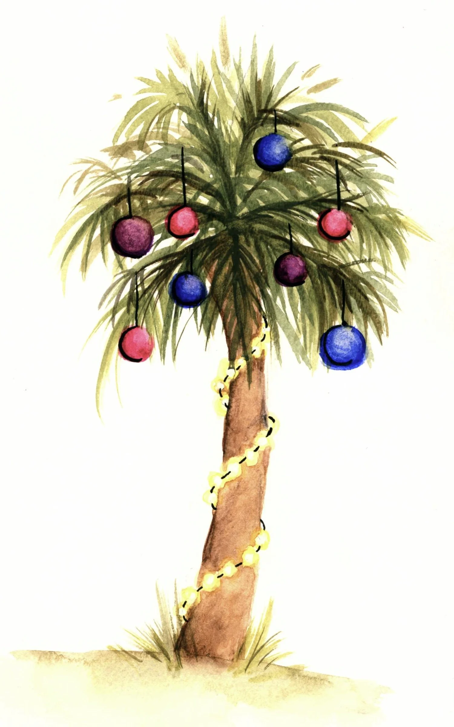 watercolor painting of a palm tree wrapped in string lights, a holiday paint and sip class project