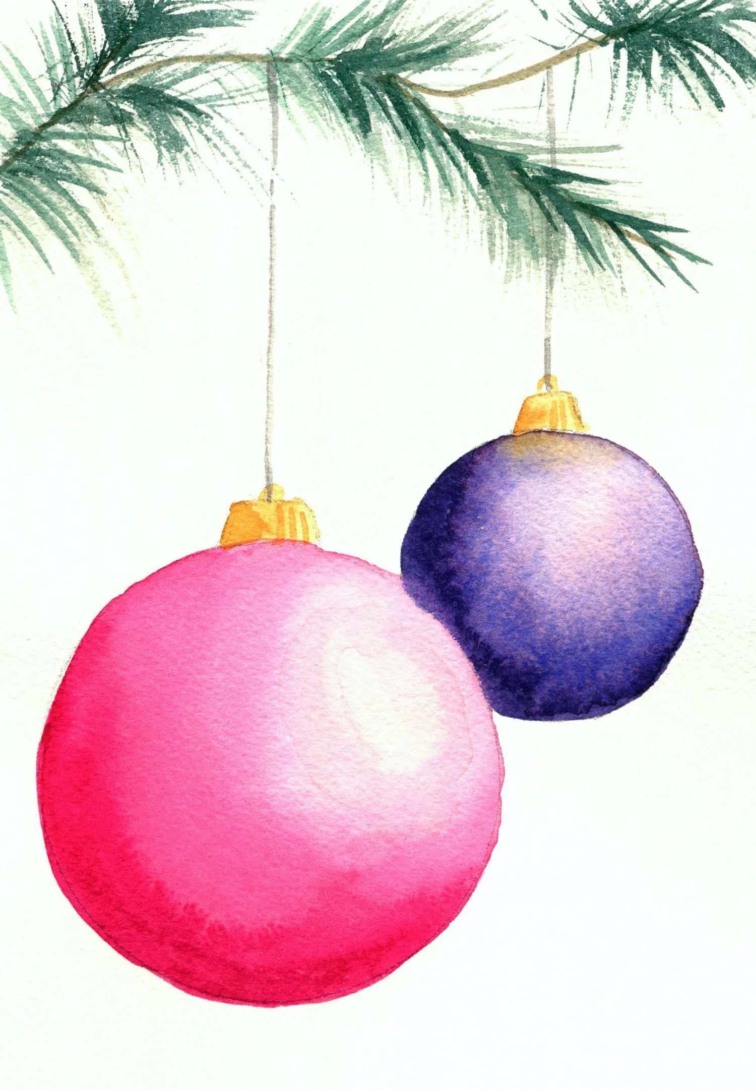 watercolor painting of colorful hanging Christmas ornaments, a holiday paint and sip class project