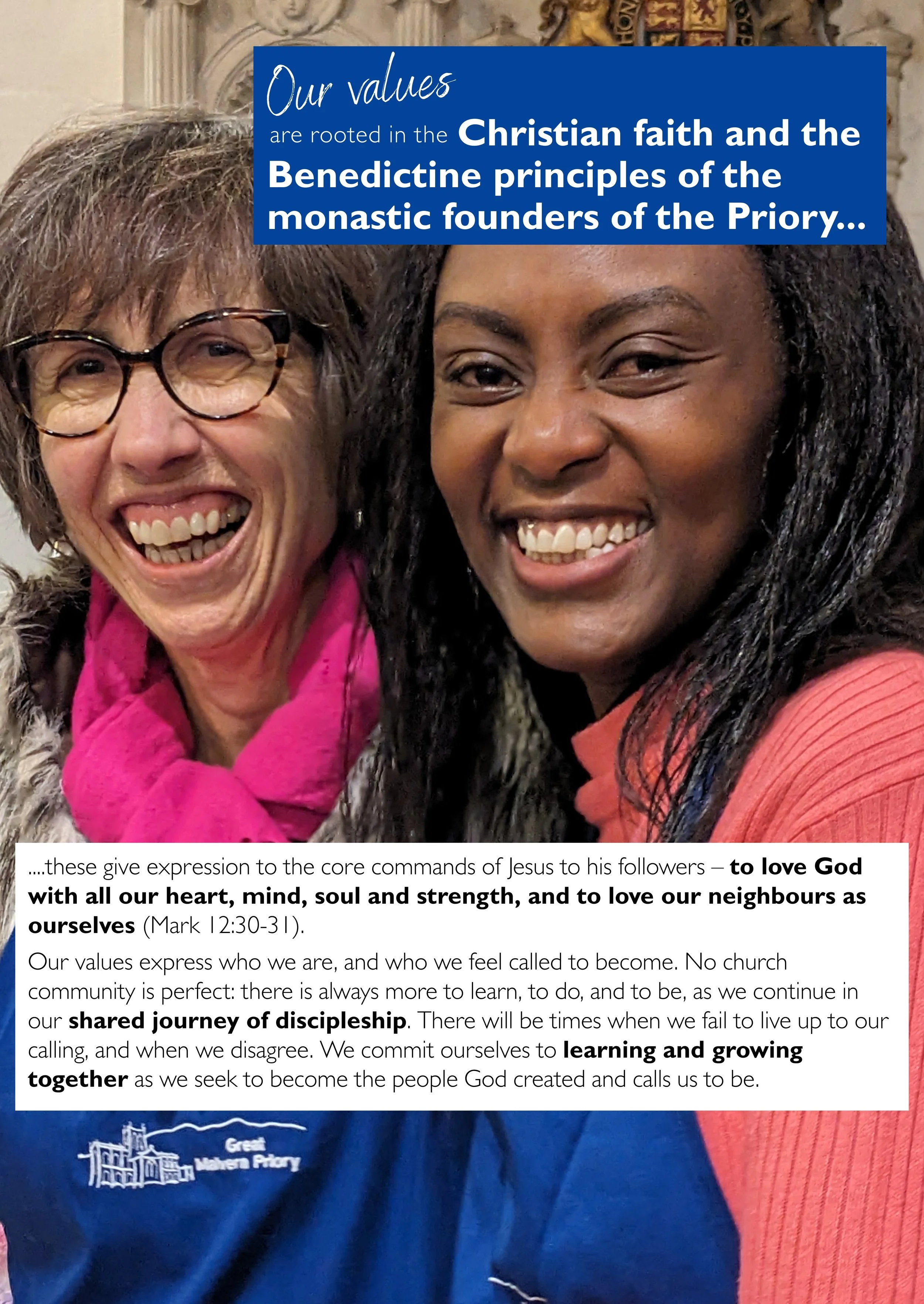 The Priory's values, with a picture of two Priory members
