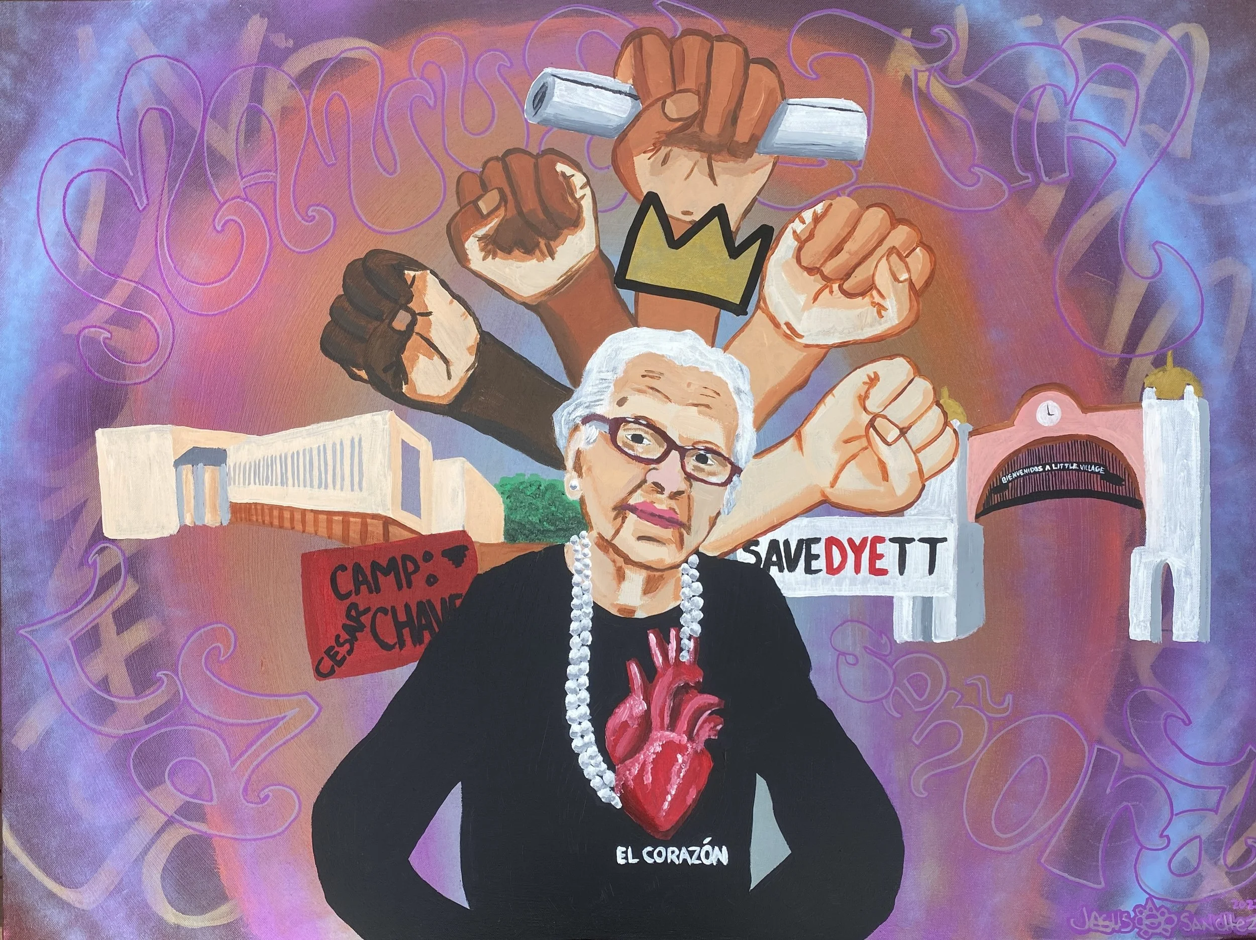 El Coraźon de La Villita, 2022, Acrilic and spray paint on Canvas 3'x4'