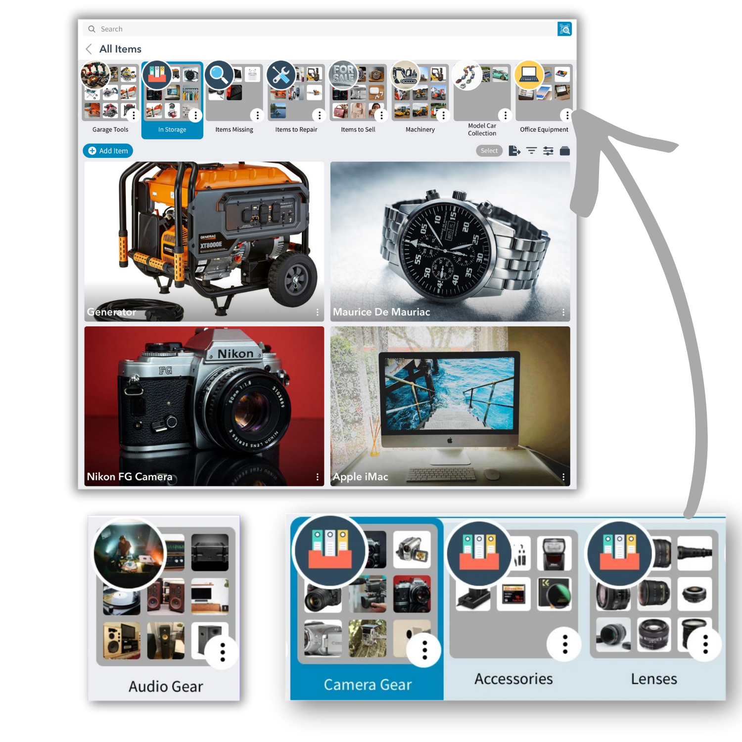 Mobile app screen showing a virtual household inventory with categories like Items, Services, Family. The Items tab displays pictures of a coffee maker, family car, kitchen stove, living room couch, camera with lens, and a bicycle. Details of a blue Volvo XC90 family car are on another screen, including its category, make, model, year, and linked space named Our House.