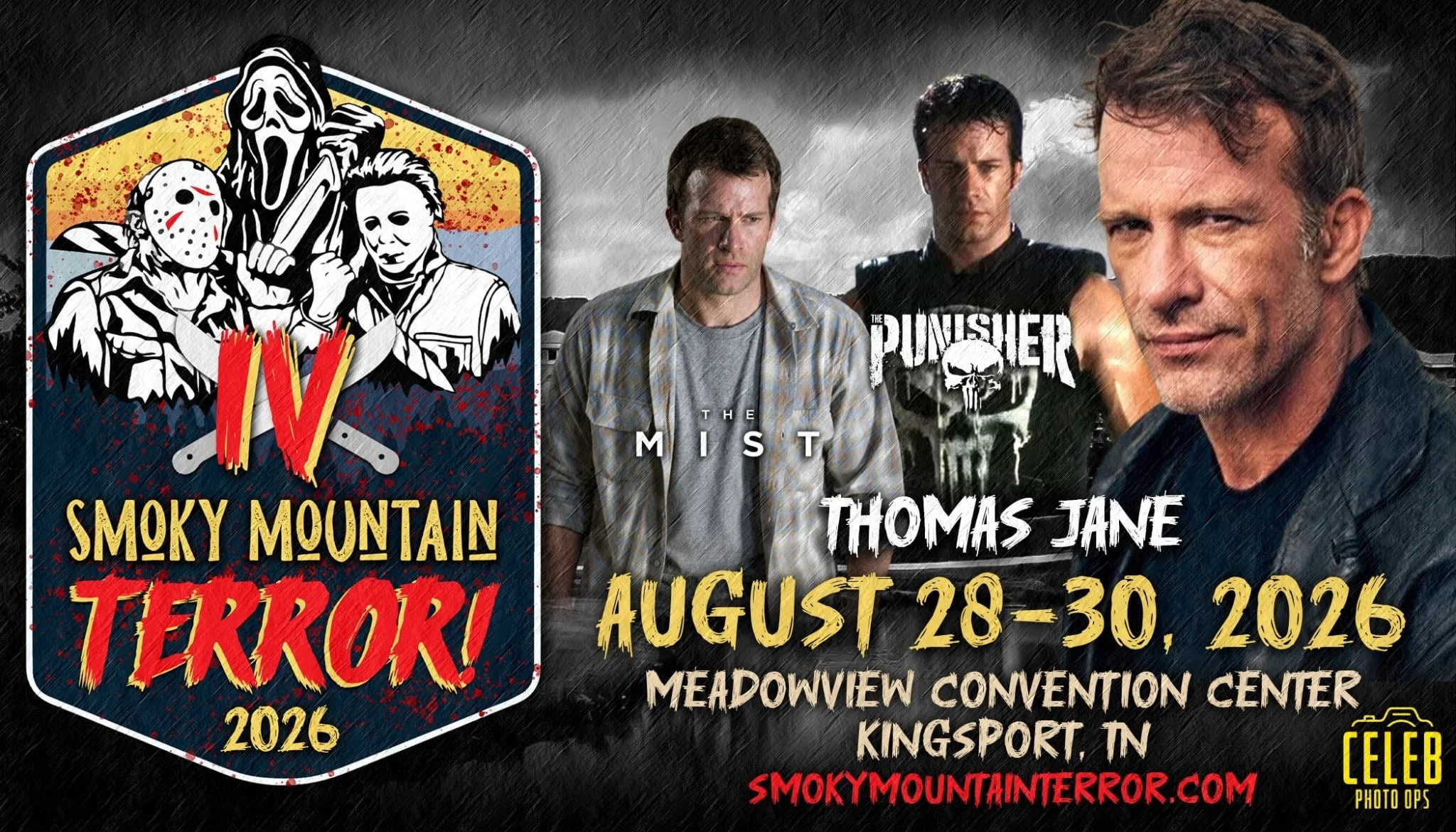 Promotional poster for the Smoky Mountain Terror event, featuring horror movie characters including Ghostface from Scream, Michael Myers from Halloween, and Jason Voorhees from Friday the 13th. The event is scheduled for August 28-30, 2026, at Meadowview Convention Center in Kingsport, TN.