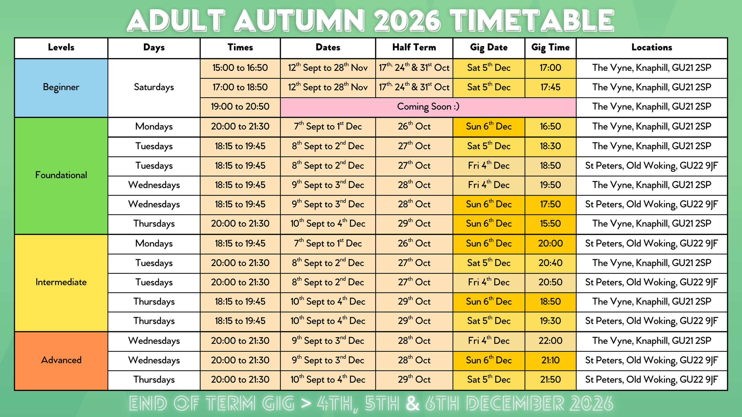 Autumn 2026 Adult Band Class Timetable