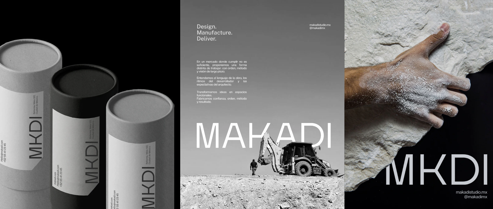Makadi brand applications: MKDI packaging tubes, editorial layout and material texture