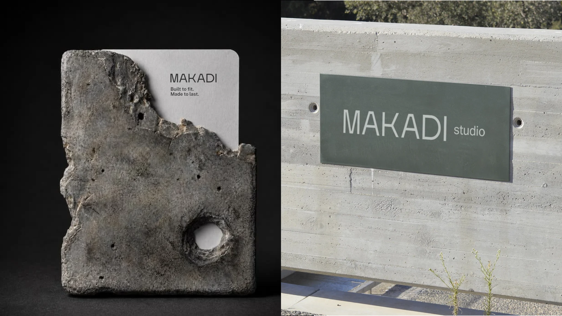 Makadi Studio business card on raw concrete and studio sign on a board-formed concrete wall