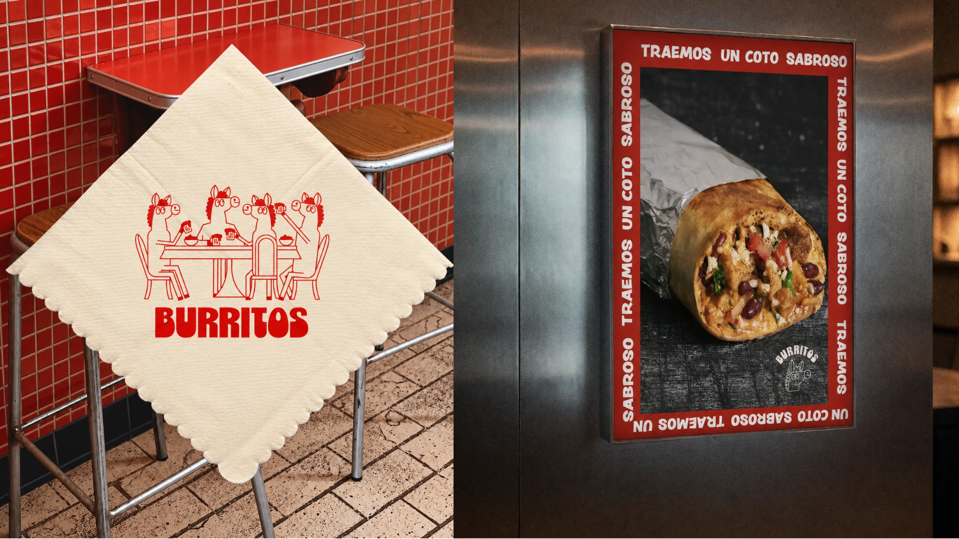 Burritos México visual identity in red and neutral tones