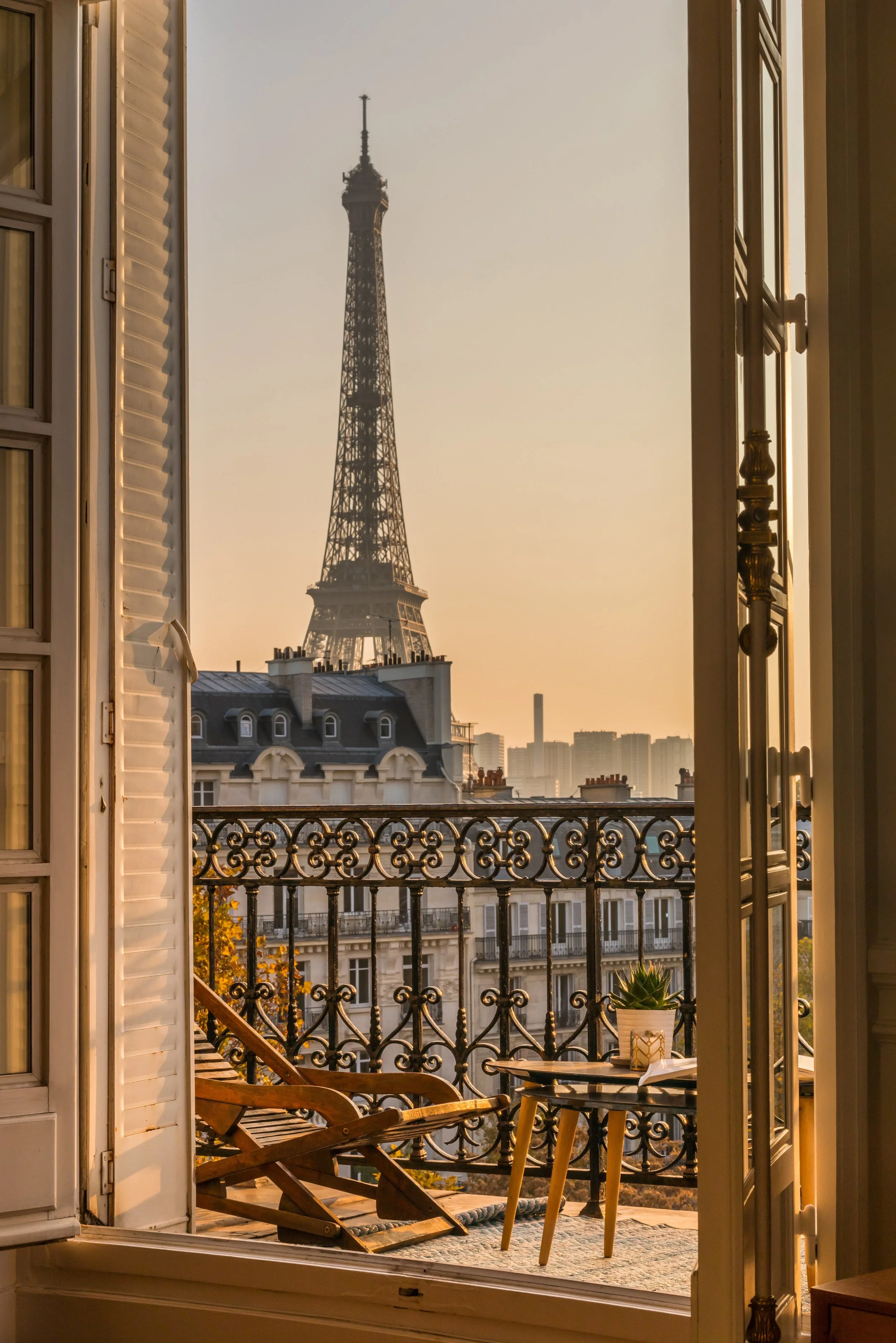 The Eiffel tower in Paris viewed from a hotel room window