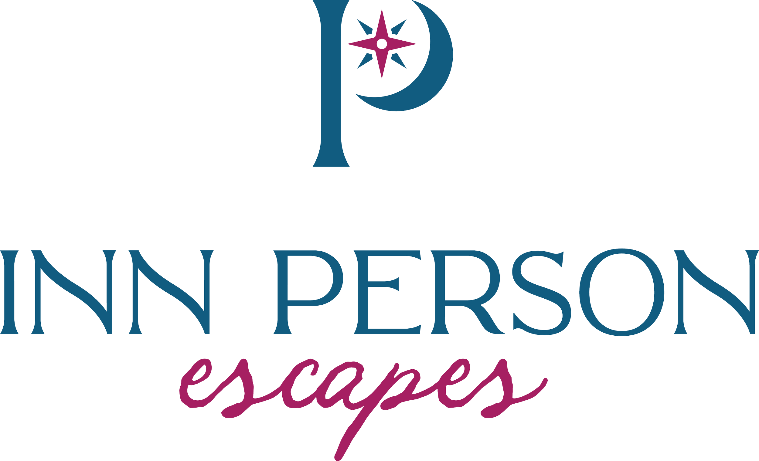 INN Person Escapes logo with a stylized pin and compass design above the text "Inn Person Escapes" in blue and pink colors.