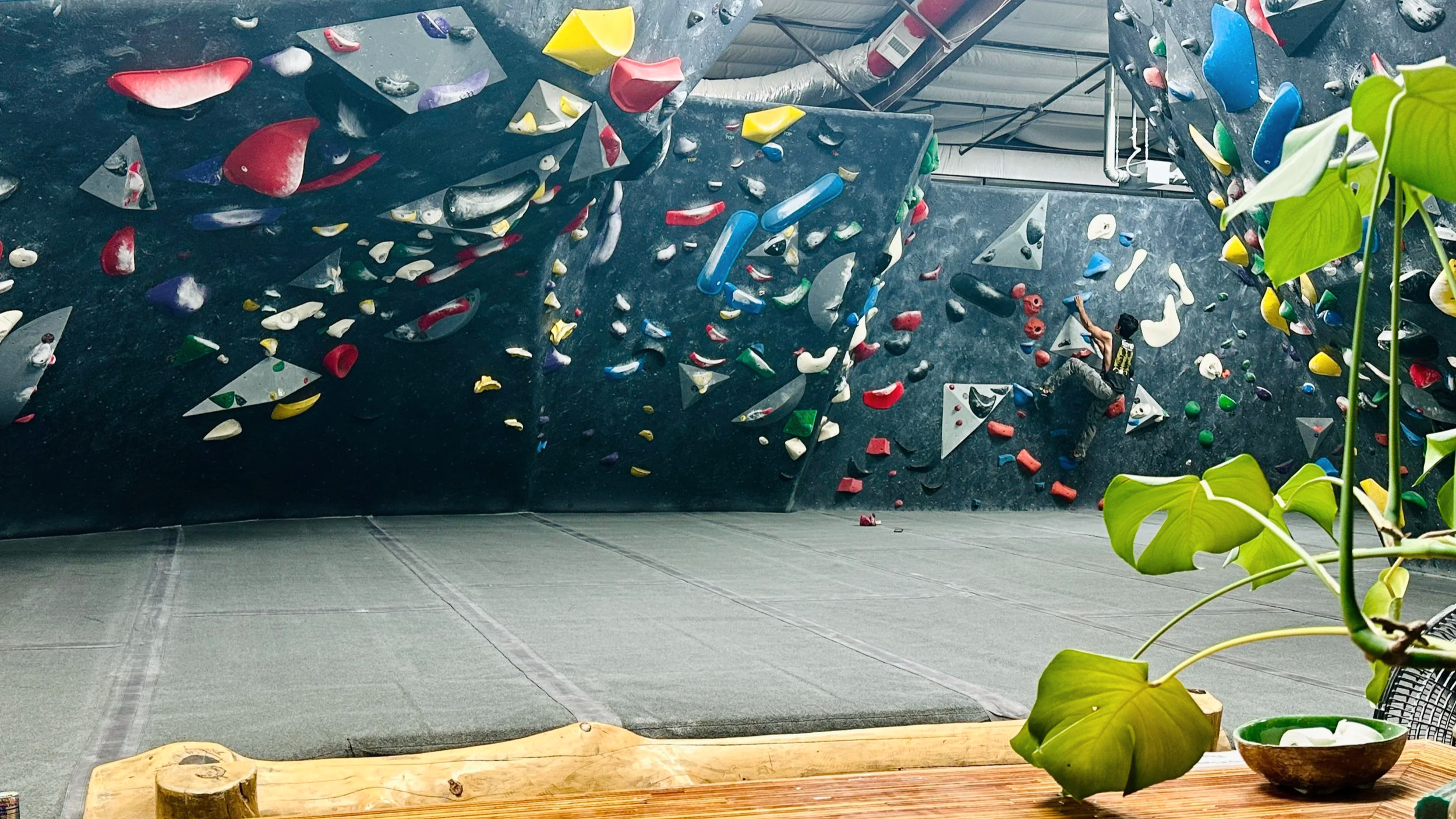 Indoor rock climbing gym with a man climbing on a gray climbing wall covered in colorful holds, and a table with stickers in the foreground.